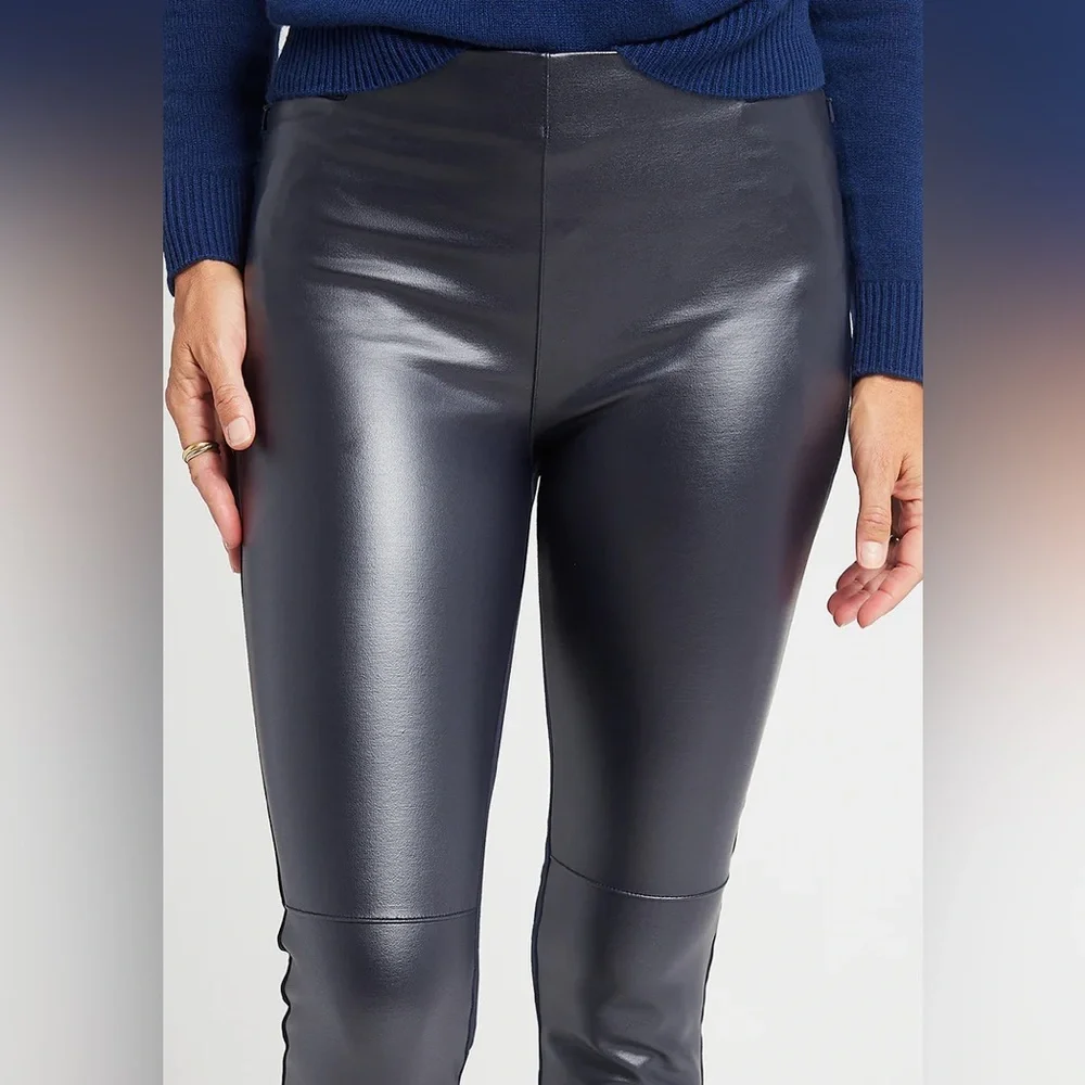 Betabrand Skinny-Leg Jett Dress Pant Yoga Pants Faux Leather Dark Blue LONG L